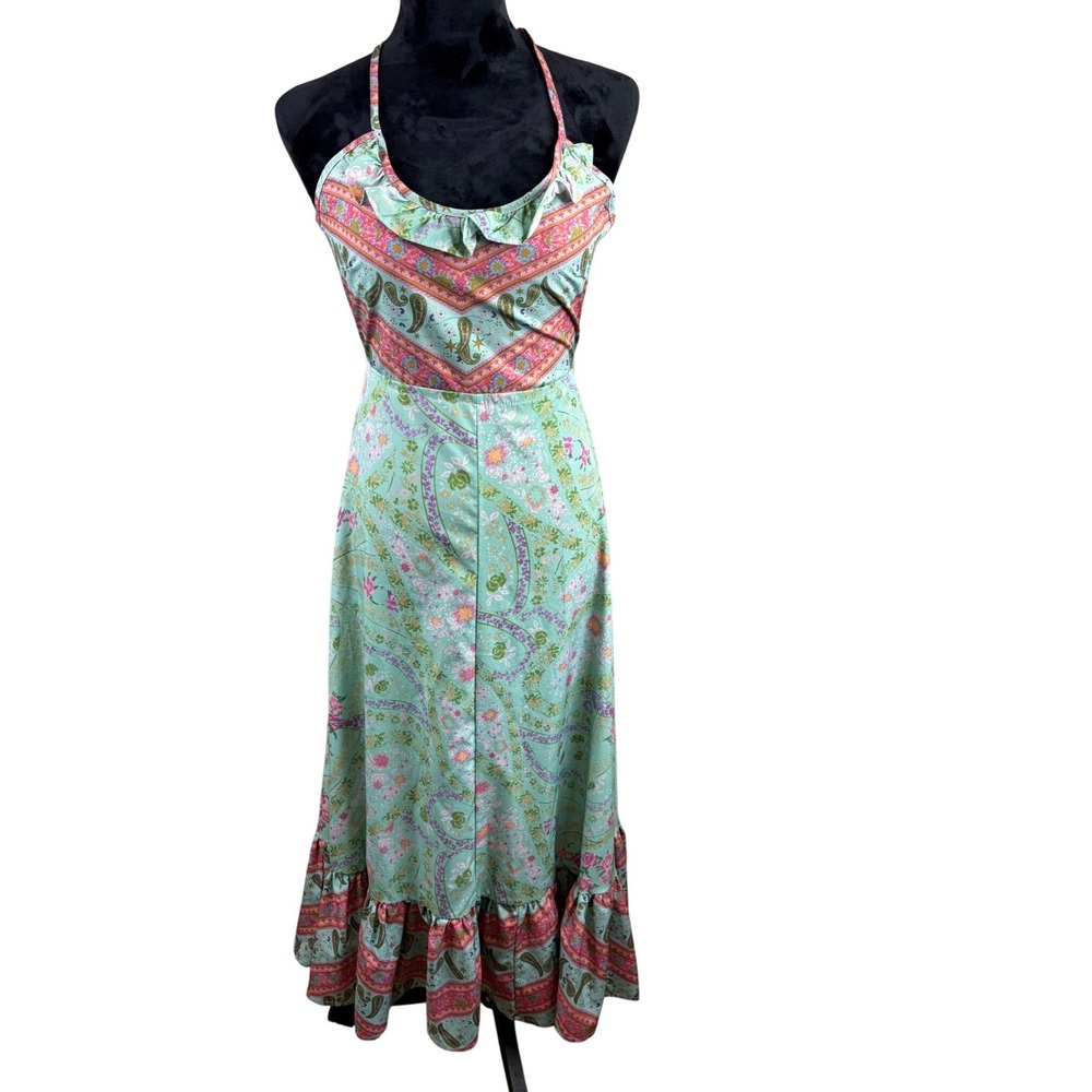 Boho Paisley Floral Halter Maxi Dress Mint Green Pink Cut Out Back Ruffle Small